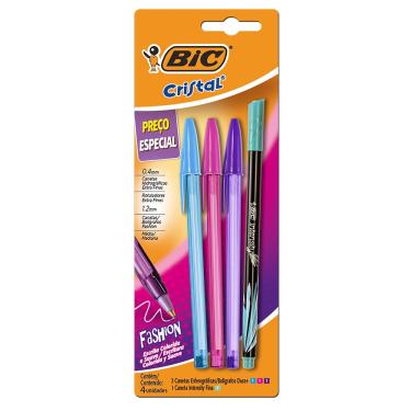 Imagem de Canetas Cristal Fashion + Intensity 4 un. Bic Ponta 1,2/0,4mm