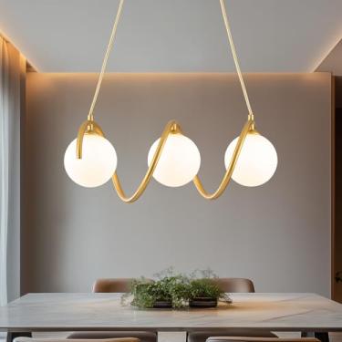 Imagem de PiWWPi Lustre Sputnik Globo de vidro, luminária de onda espiral moderna de 3 luzes sobre mesa, lustres lineares para jantar, ilha de cozinha, sala de estar, bolha dourada e branca leite, 40 cm, GC-03