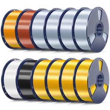 Imagem de SUNLU Conjunto de filamentos PLA de seda para impressora 3D de 12 kg, filamento de seda 1,75 mm +/- 0,02 mm, carretel de 1 kg (1 kg), total de 12 kg, ouro claro x 4 + prata x 4 + preto + branco +