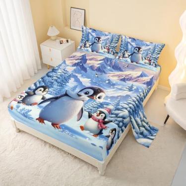 Imagem de AILONEN Jogo de lençol King com desenho fofo de pinguim, estampa de pinguim e neve, 4 peças, para crianças, meninas, meninos, 1 lençol de cima, 1 lençol com elástico e 2 fronhas
