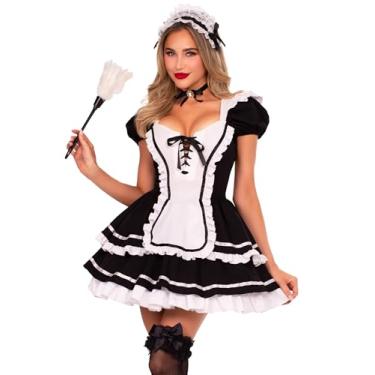 Imagem de Leg Avenue Fantasia de empregada a paquerar, inclui vestido com babados e corpete de cadarço e saia em camadas, laço traseiro com pino, gargantilha camafeu e faixa de cabeça, pequeno, preto/branco