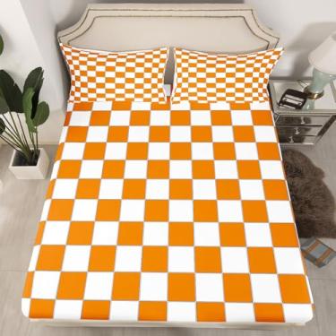 Imagem de Erosebridal Lençol de cama xadrez branco laranja com quadriculado buffalo, xadrez para crianças, adultos, homens, mulheres, estética, guingão, lençol com elástico moderno, decoração de quarto