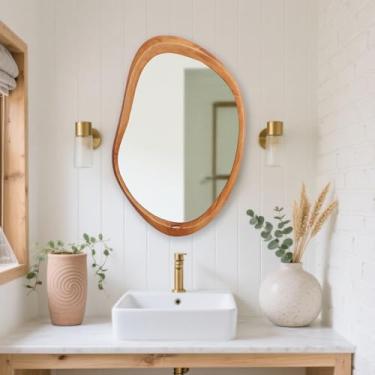 Imagem de Puclekne Espelho de parede de madeira irregular, 55 x 76 cm assimétrico ondulado nogueira decorativa casa de fazenda espelho country francês para banheiro, sala de estar, penteadeira, berçário