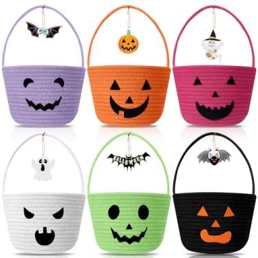 Imagem de LemonRoad 6 peças de cesta de doces ou travessuras de Halloween com alça de abóbora, lindos baldes de algodão trançados, cestas de presente, sacos de lanterna Jack O para lembrancinhas de festa de