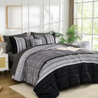 Imagem de Dintszyayue Conjunto de edredom listrado de 8 peças, tamanho Queen, preto e cinza, listrado boho para cama queen, conjunto de cama de microfibra macia para todas as estações