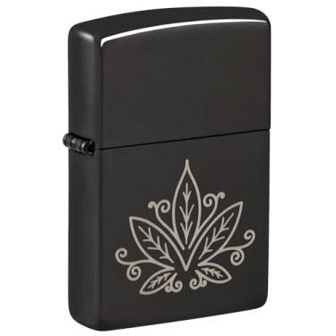 Imagem de Zippo Isqueiro de bolso preto altamente polido com design de cannabis