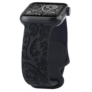 Imagem de Pulseira de silicone com flor Paisley gravada compatível com Apple Watch de 38 mm, 40 mm e 41 mm, linda pulseira esportiva floral elegante impressa a laser compatível com iWatch séries 7, 6, 5, 4, 3,