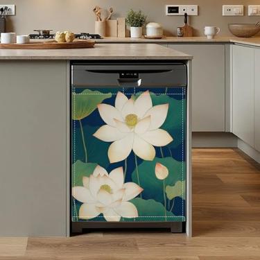 Imagem de Flor chinesa, capa magnética para lava-louças de flores vintage, capa frontal para lava-louças, decoração reutilizável, capa magnética decorativa para eletrodomésticos 68 x 66 cm