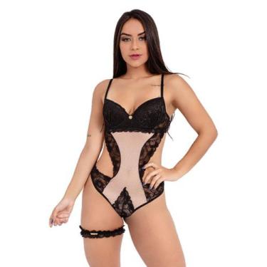 Imagem de Conjunto IMI Lingerie Luxo Perneira Aberto Nas Costas Amore Preto, GG,