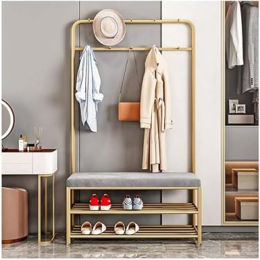 Imagem de L Cabideiro Banco De Sapatos Ferro Forjado Hall Árvore Com 2 Prateleiras De Armazenamento Cabide De Entrada Com Ganchos Loja De Roupas Casa Quarto Dr Rack, Gold, 80x32x175cm