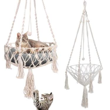Imagem de VINGVO Cama de rede Boho Macramê para gatos de 148 cm, cama pendurada à mão para animais de estimação com gancho, borda dobrável para janela de gatinho, para esportes internos e externos, brincar