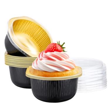 Imagem de Beasea Ramequins descartáveis com tampas, pacote com 15, 445 ml, 445 ml, copos redondos descartáveis de folha de alumínio, cupcake, mini pudim, sobremesas, copos de panificação para festas, negócios