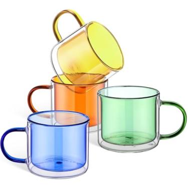 Imagem de Domensi 4 peças canecas de café de parede dupla 283 g canecas de vidro de leite com alça isolada conjunto de presente para feriados, aniversário, casa, café, bar (âmbar, verde, azul, amarelo)