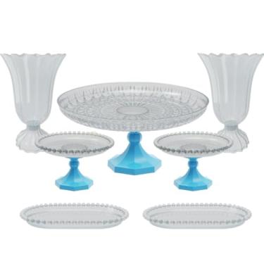 Imagem de Kit Cristal boleira lapidada 24x11+2 vasos popi+2 mini boleiras perola+ 2 bandejas perola 20x13 cm(AC - AZUL CLARO)