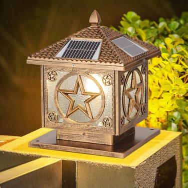Imagem de SLAWA Luz de poste solar ao ar livre, luz de coluna de bronze de 9,8 pol, luzes quadradas, à prova d'água, iluminação de paisagem, com lâmpadas de pilar remoto, cerca, tampa de convés, luz solar
