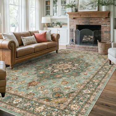 Imagem de TOPRUUG Tapete de área oriental lavável – Tapetes para sala de estar, tapete macio para quarto, impermeável, floral, envelhecido, resistente a manchas, resistente a manchas (verde, 7 x 10)