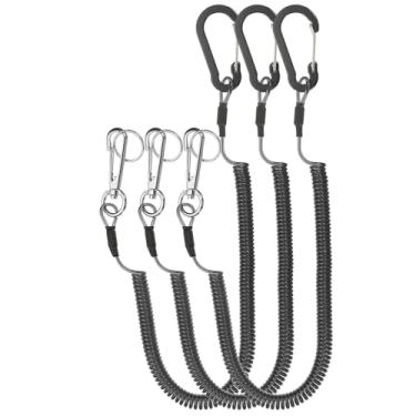 Imagem de PATIKIL 3 tiras retráteis de mola, cordão de segurança elástico espiral de 15 cm com clipe giratório de alumínio para pesca, caiaque, escalada, barco, alicate, preto