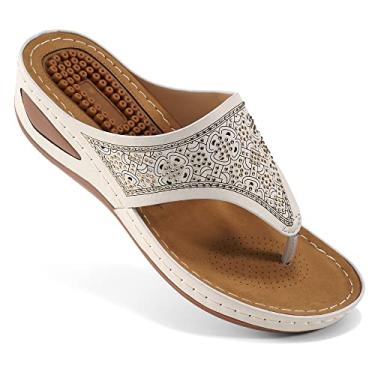 Imagem de Sandálias femininas chinelos para mulheres com suporte de arco almofada verão casual strass sandália plataforma função de massagem, Bege, 9