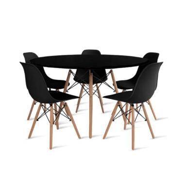 Imagem de Conjunto Mesa de Jantar Eames Eiffel Redonda 110cm Tampo de Madeira Preto + 5 Cadeiras Pretas