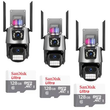 Imagem de Kit 3 Câmera De Segurança Externa Lente Dupla 4k Led Sirene Policial Cartão 128gb