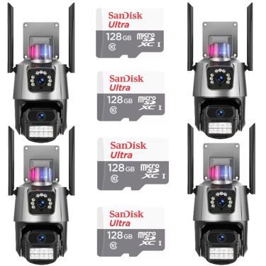 Imagem de Kit 4 Câmera De Segurança Externa Lente Dupla 4k Led Sirene Policial Cartão 128gb
