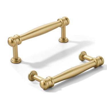 Imagem de khtumeware Pacote com 2 puxadores de ouro escovado central de 76 mm (76 mm) em ouro fosco sólido tradição resistente puxador de armário de cozinha para penteadeira puxador de banheiro