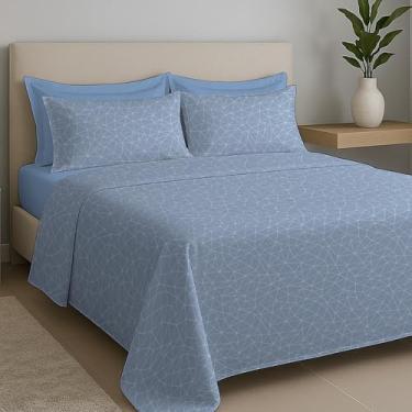 Imagem de Jogo de Cama 100% Algodão 4 Peças Lençol Percal Antiácaro Respirável, Doce Sono - Bem Lunar (Azul, Casal)