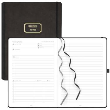 Imagem de EMSHOI Caderno de reuniões para trabalho com abas adesivas – 240 páginas, planejador de projetos tamanho A4, agenda de reuniões de couro poliuretano/organizador de minutos para mulheres e homens