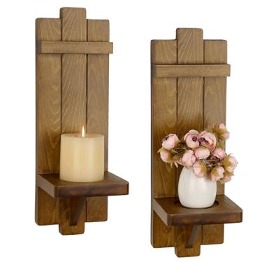 Imagem de OwnMy Conjunto de 2 castiçais de parede de madeira, castiçais de parede de casa de fazenda, castiçais de parede rústicos para pendurar na sala de estar, lareira, sala de jantar, quarto