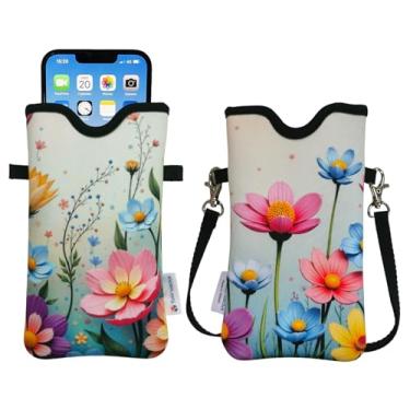 Imagem de Tainada Bolsa de neoprene masculina e feminina com alça transversal/cordão de pescoço para iPhone 16/15/14 Pro Max, 16/15/14 Plus, Samsung S25, A55, Google Pixel 9 (flores vívidas)