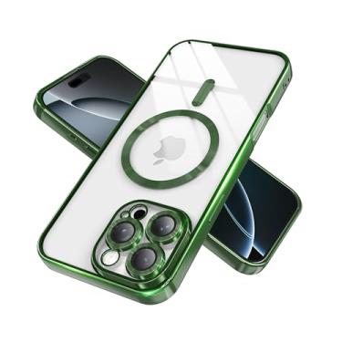 Imagem de BOBULIER Capa transparente magnética para iPhone 16 Pro com capa de câmera completa | Compatível com MagSafe | TPU antiamarelamento e moldura brilhante, ajuste fino à prova de choque - verde