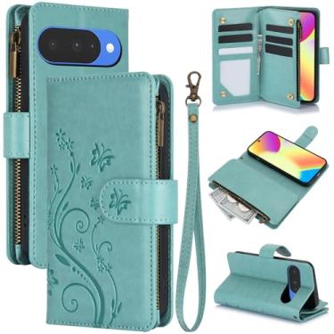 Imagem de Capa carteira para Google Pixel 9, couro sintético e TPU à prova de choque, 6 compartimentos para cartões/compartimento para dinheiro/bolso com zíper, fecho magnético, alça de pulso removível, suporte