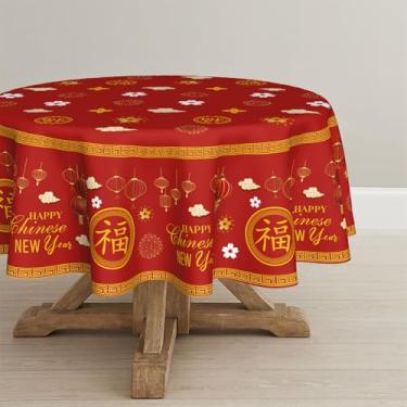 Imagem de Horaldaily Toalha de mesa de ano novo chinês 152 × 152 cm, redonda, toalha de mesa vermelha e dourada com lanternas, estampa de fogos de artifício, ano-novo lunar chinês, enseada de mesa decorativa