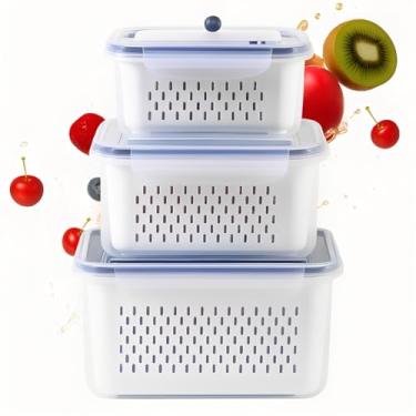 Imagem de Kit 3 Potes Organizadores de Geladeira Hermético com Trava nas Tampas Borracha Isolante e Cesto de Escorrer Removível - Organizador de Alimentos Frutas e Saladas Sem BPA - Qualidade Premium