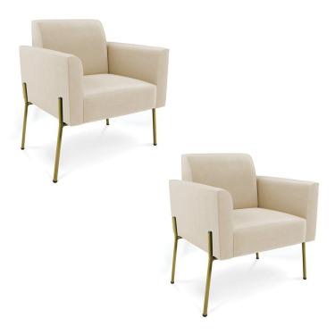 Imagem de Poltrona Pé De Ferro Dourado Decorativa Kit 2 Marisa Suede Bege D03 - D'rossi