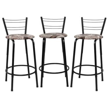 Imagem de Kit 3 Banquetas Para Cozinha Flórida Estrutura Preta 60cm Área de Lazer Piscina Balcão Bancada Bistro Bar (Assento Floral Marrom)