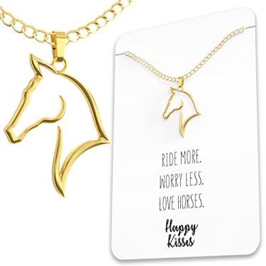 Imagem de Colar Happy Kisses Horse – Presente de cavalo para cavaleiros – Pingente fofo com contorno para mulheres e meninas – Cartão de mensagem doce 18" Dourado
