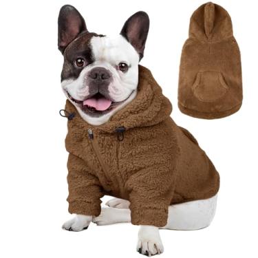 Imagem de IDOMIK Suéter Fuzzy Dog com capuz ajustável, moletom com capuz de lã quente com orifício e bolso, pulôver para cães médios, moletom com capuz felpudo para outono, inverno, Natal, marrom, M