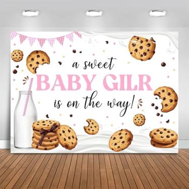 Imagem de Fitumiw Pano de fundo para chá de bebê Cookie 2,1 x 1,5 m A Sweet Baby Girl is On The Way Party Decorações Fundo para meninas Cookie and Milk Banner Photo Booth Adereços