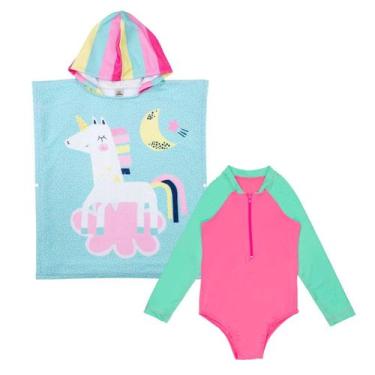Imagem de Kit Maiô Manga Longa Natação + Poncho Atoalhado Menina Praia - Fofotin