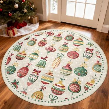 Imagem de Othilic Tapete redondo de Natal de 1,2 m - Tapete de banheiro redondo macio lavável boho antiderrapante ornamentos coloridos estampados tapetes de área circular para sala de estar, quarto, entrada
