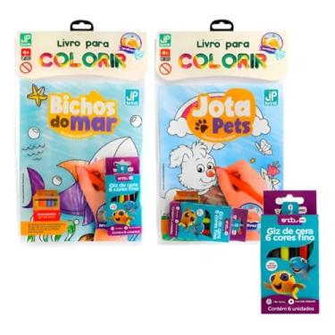 Imagem de Livro de Colorir Infantil – Animais Marinhos e Pets com Giz de Cera (6 Cores), Kit Criativo e Educativo para Crianças
