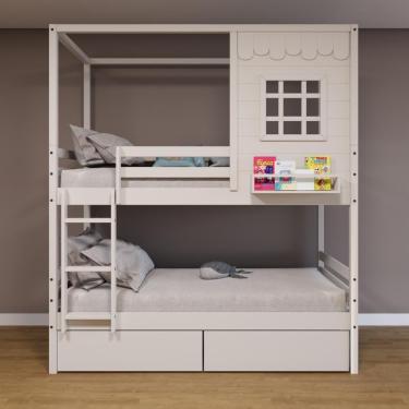 Imagem de Beliche Casinha Reta Com 02 Gavetas Madeira Maciça Branco Housin