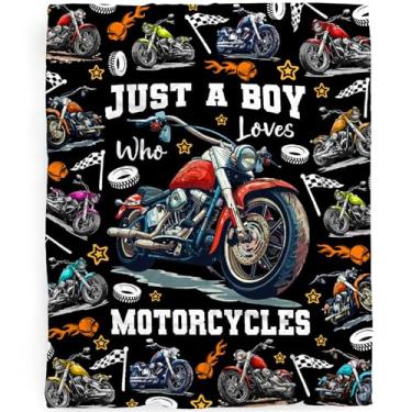 Imagem de Cobertor de motocicleta Just A Boy Who Loves Motorcycles, cobertor de presente para meninos e meninas, amor, motocicleta, 127 x 152 cm, macio, aconchegante, felpudo, leve, flanela, para viagem no sofá