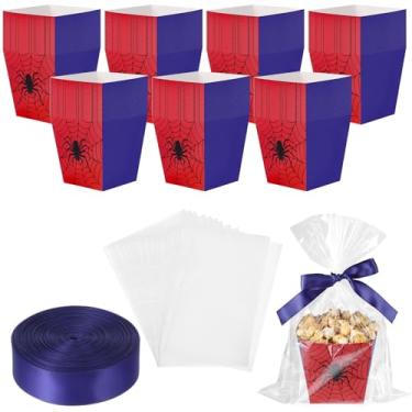 Imagem de Pajean 24 conjuntos de caixas de pipoca de aranha com sacos e fita de celofane, 12 cm x 12 cm x 9 cm de papel de papelão, petiscos, biscoitos, doces para lembrancinhas de festa de aniversário