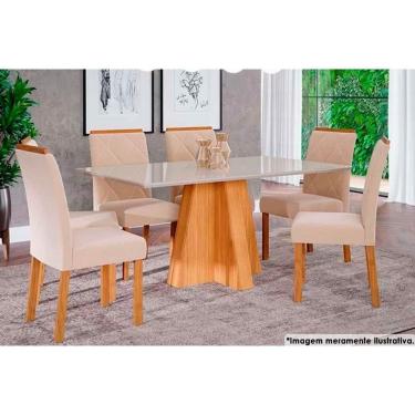 Imagem de Sala De Jantar Completa Patricia C- Tampo Madeirado C- Vidro Canto Reto 160x80cm E 6 Cadeiras Fernanda Madeirado- Linho Bege - Cimol