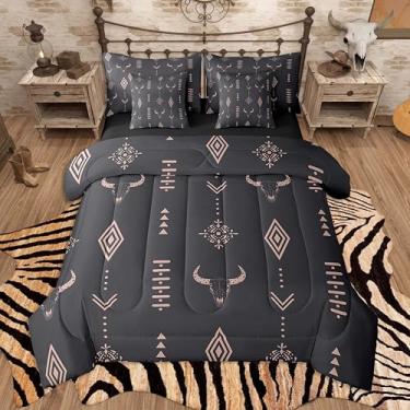 Imagem de Feelyou Conjunto de edredom ocidental com 7 peças, solteiro, com caveira de vaca, para meninos e meninas, do sudoeste, rústico do sudoeste, edredom + lençol + fronhas + fronhas