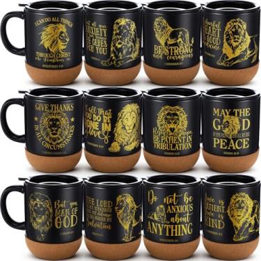 Imagem de LemonRoad Pacote com 12 canecas de café cristãs com versículos da Bíblia, presentes de igreja de cerâmica de 400 ml, copos religiosos inspiradores com fundo de cortiça, presentes de agradecimento para