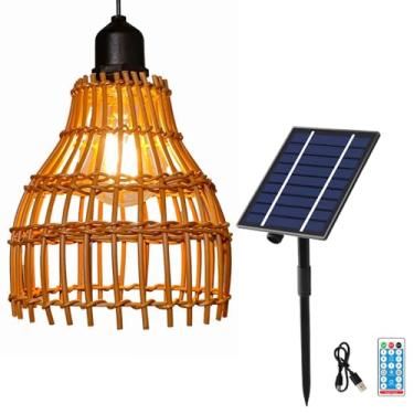 Imagem de Luminária pendente solar de vime, lustre impermeável de LED de 2,5 W com controle remoto para espaços externos e internos, 6,1 × 6,1