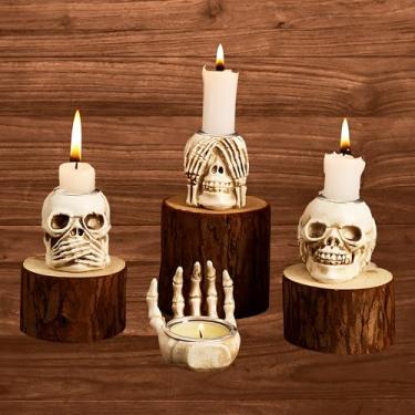 Imagem de Castiçal de esqueleto de cabeça de Halloween, castiçal de caveira retrô resina horrível assustador esqueleto assustador artesanato castiçal para mesa centro de mesa lareira decoração de Halloween e